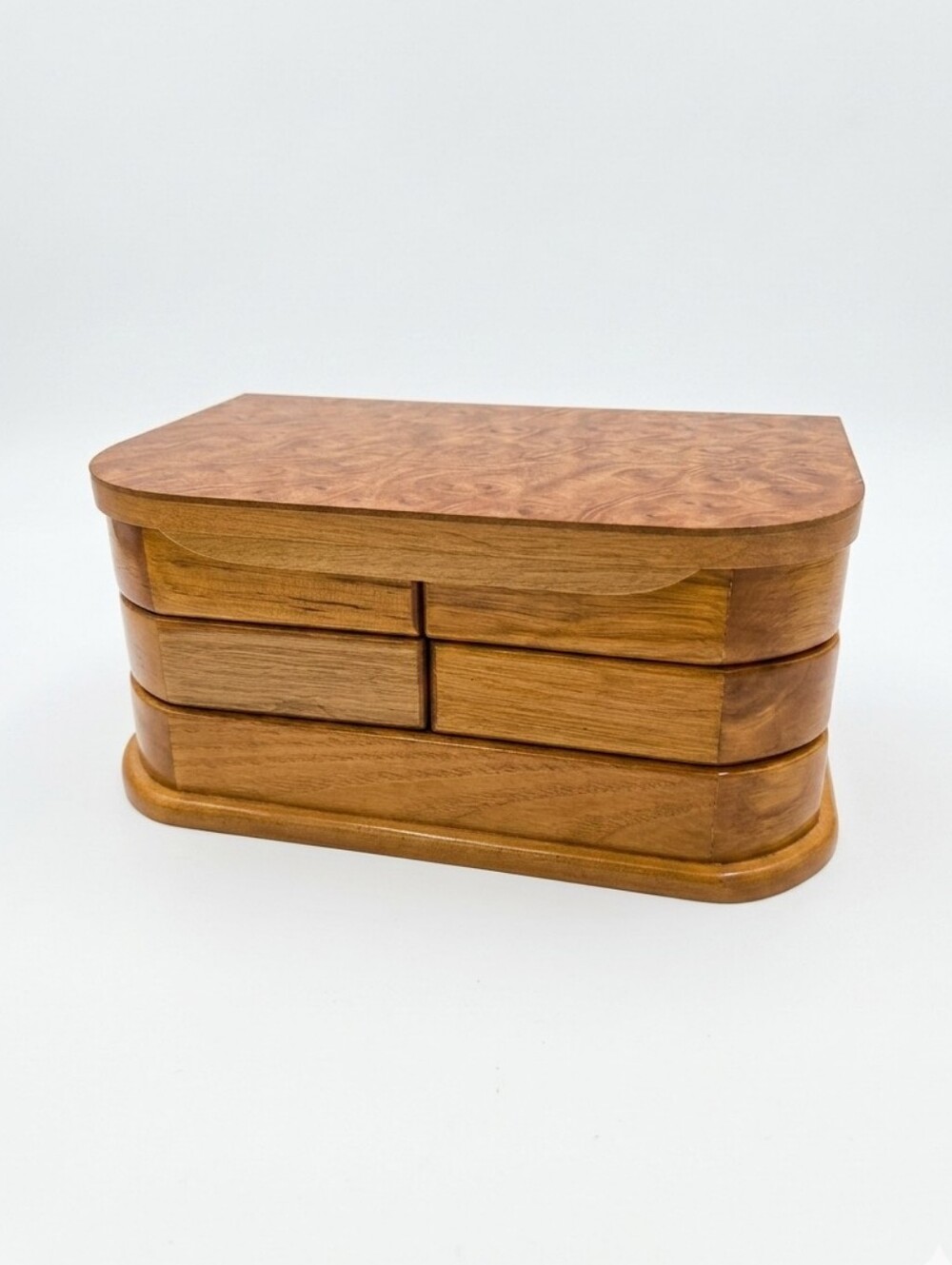 Vintage MELE Burlwood Maple Large 3 Tiered Jewelry Box Velvet Lined MCM 70S